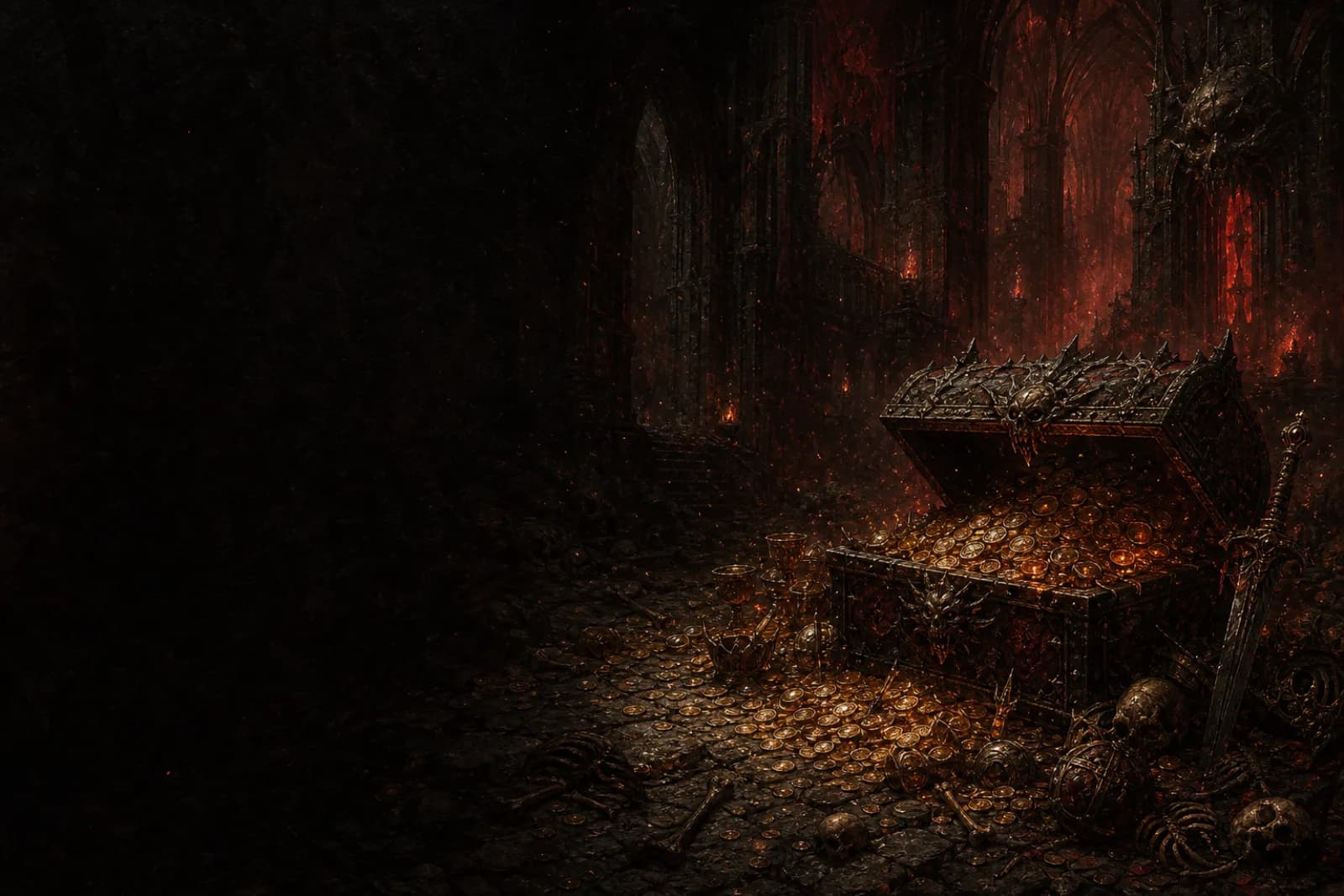 Diablo 4 demonic Hoard chamber with a chest spilling amber gold and unique loot — boss loot table