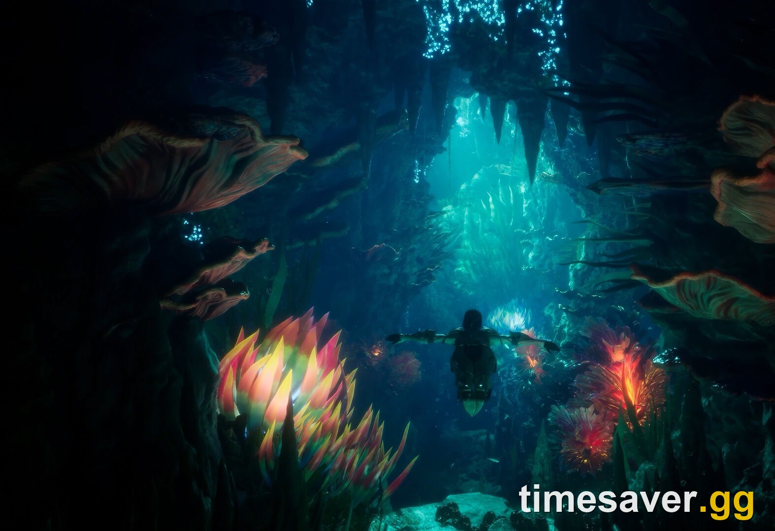 AION 2 Daeva gliding through a dark bioluminescent cavern, official NC launch screenshot