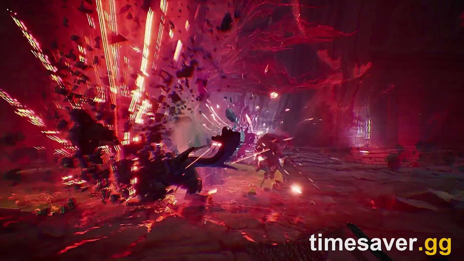 A Daeva mid-fight in a red-lit AION 2 dungeon as a massive ability detonates in a shower of crimson shards — the instanced boss combat NC markets across 'over 200 dungeons' for the October 5, 2026 global launch