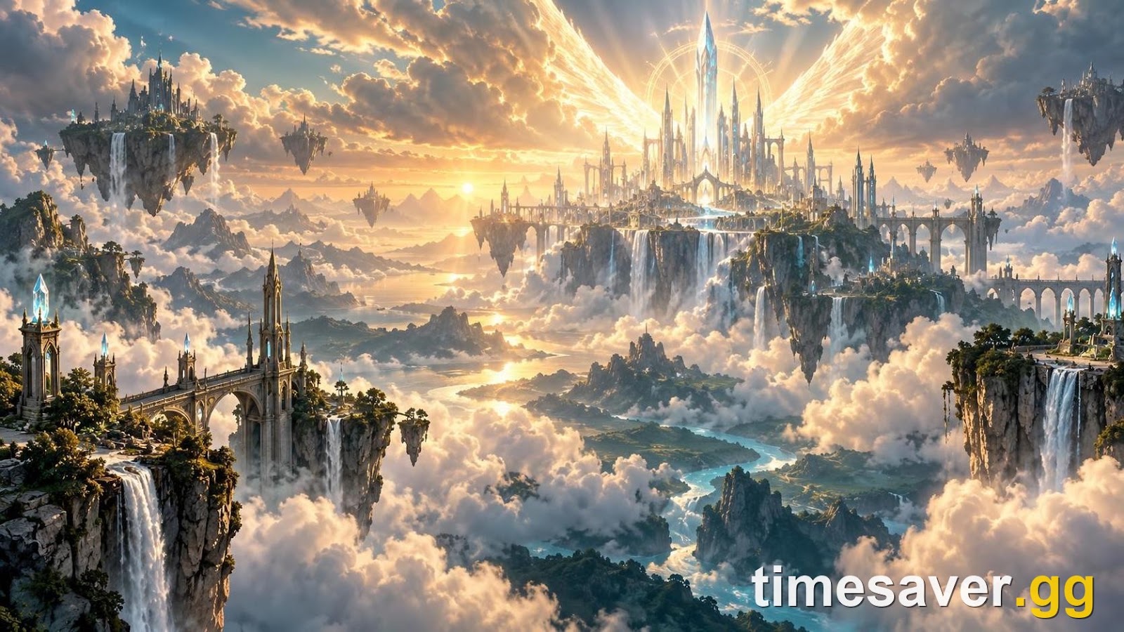 A soaring celestial fantasy realm of floating islands and a radiant spired city — AION 2 endgame concept art