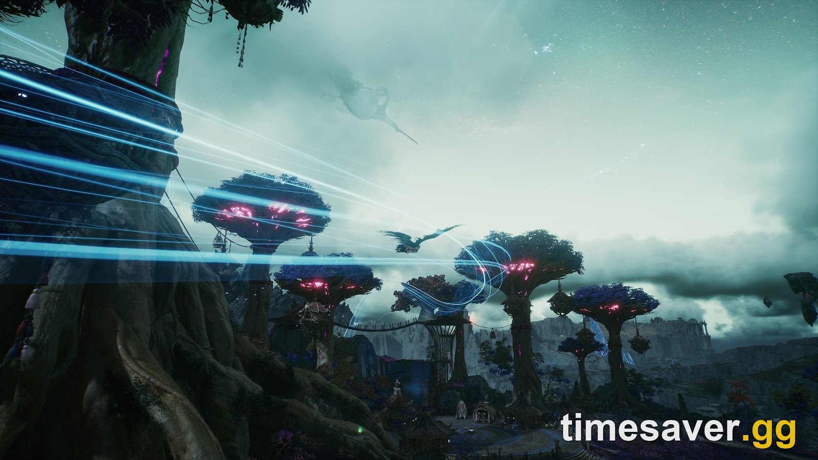 A sweeping AION 2 landscape of giant glowing trees, floating structures and airborne creatures under an aurora sky — the game is expected to launch on regional servers for NA, SA, EU and Japan on October 5, 2026
