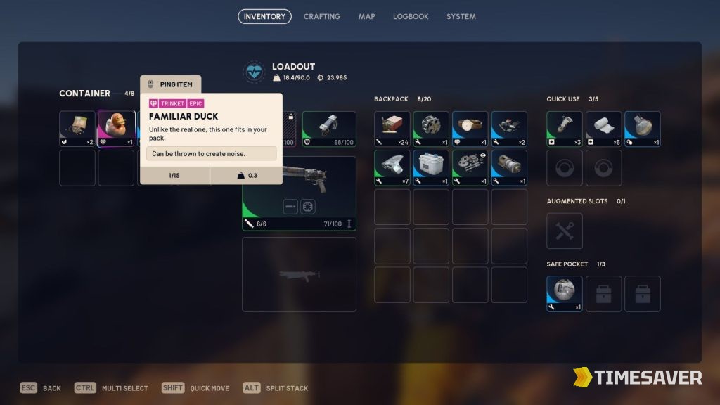 ARC Raiders inventory showing the Familiar Duck Epic trinket item card (0.3 kg, stacks to 15) — the highest-value stackable sellable in the game