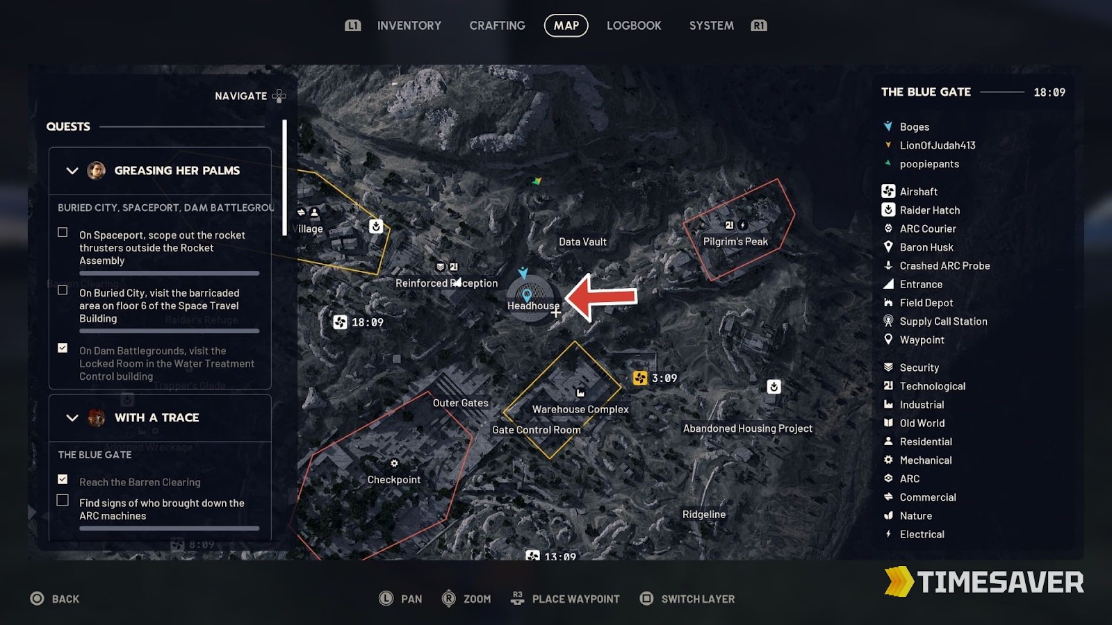 ARC Raiders The Blue Gate map with the Headhouse marked by a red arrow, the entrance to the tunnels holding the Confiscation Room