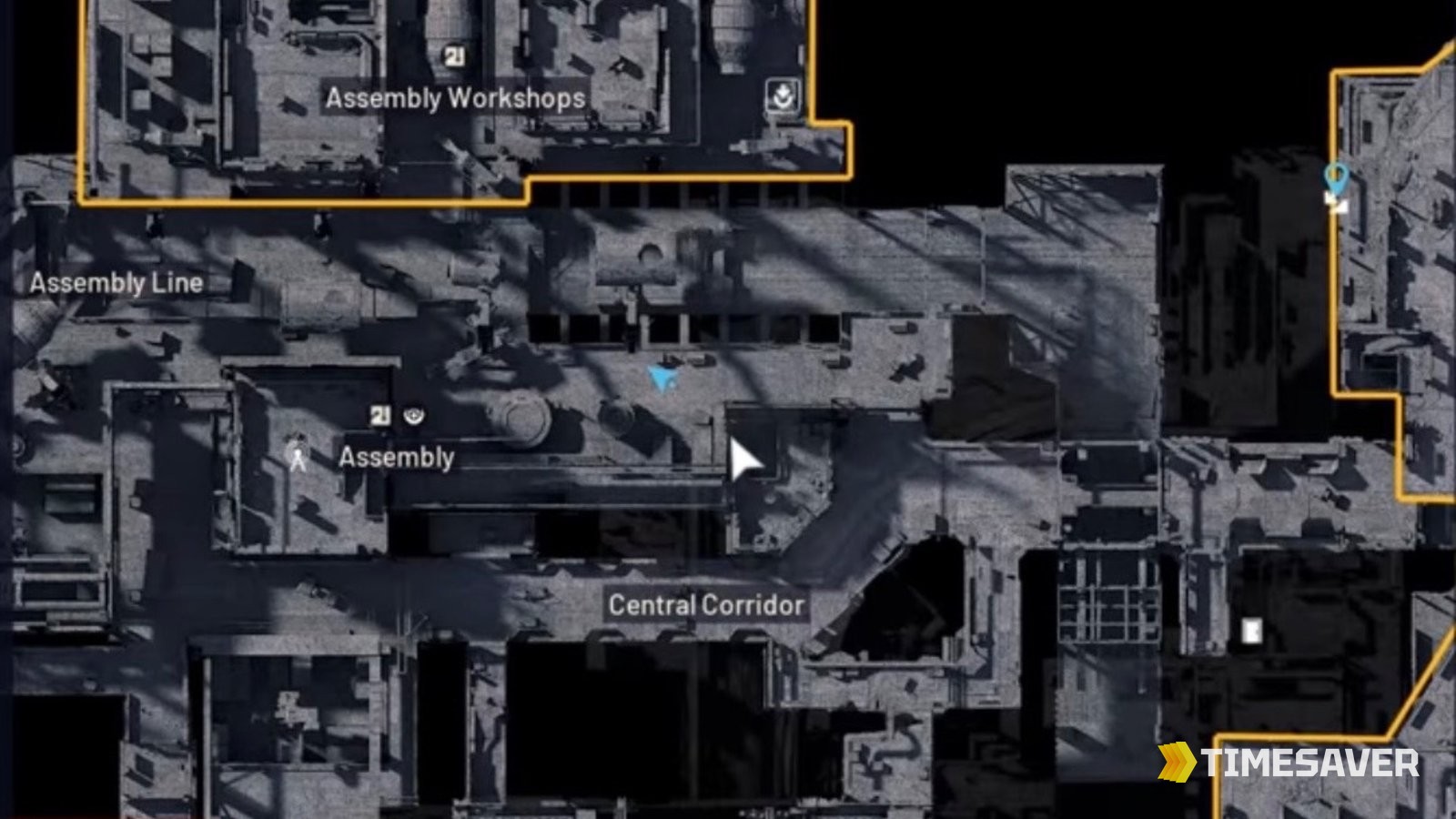 ARC Raiders Stella Montis map with the Assembly, Assembly Line, Assembly Workshops and Central Corridor labeled, marking the Assembly Admin door location