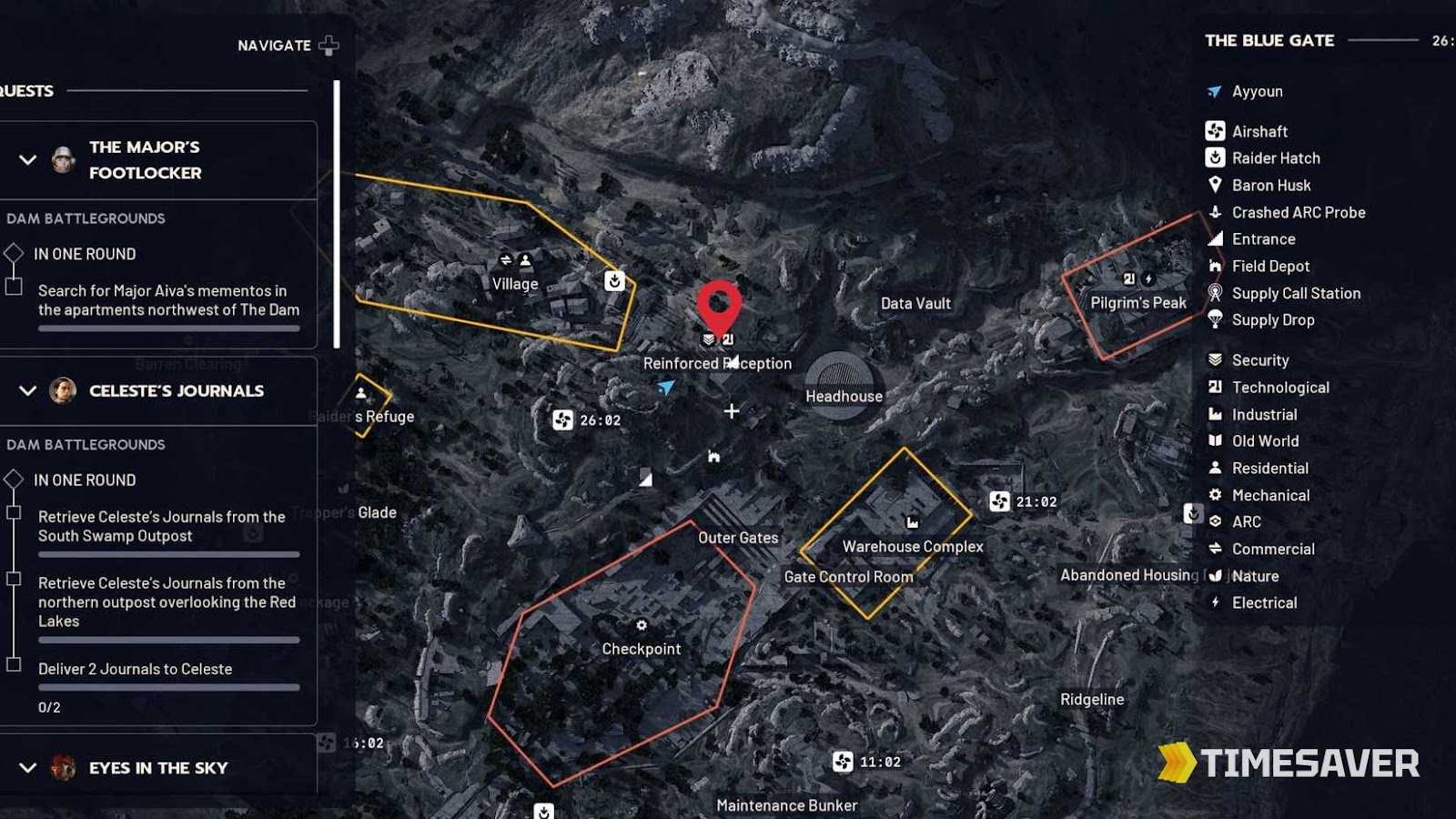 ARC Raiders Blue Gate map with the Reinforced Reception POI east of the Village marked, where the Looting Mk.3 Survivor augment blueprint drops