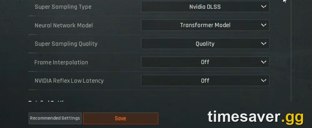 Arena Breakout: Infinite Season 7 Image settings tab showing Super Sampling Type set to Nvidia DLSS, Neural Network Model, Super Sampling Quality, Frame Interpolation and NVIDIA Reflex Low Latency