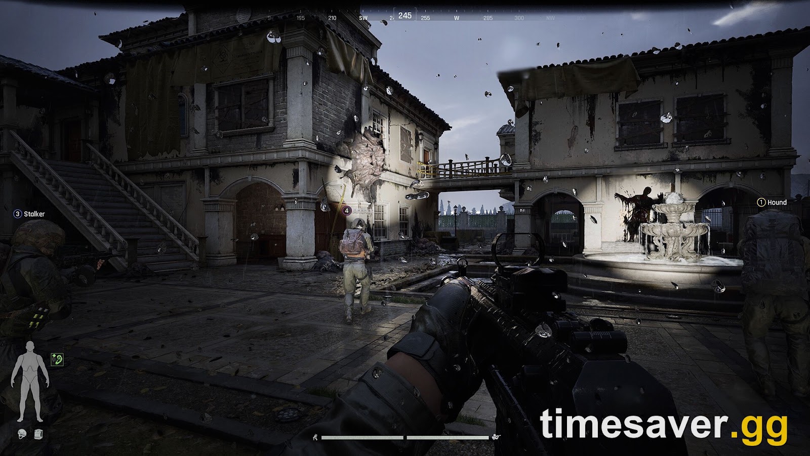 Arena Breakout: Infinite first-person raid scene: an Operator aims down sight across a ruined villa courtyard with a fountain, the kind of Tactical Ops map where the Season 7 in-raid Field Merchant now spawns