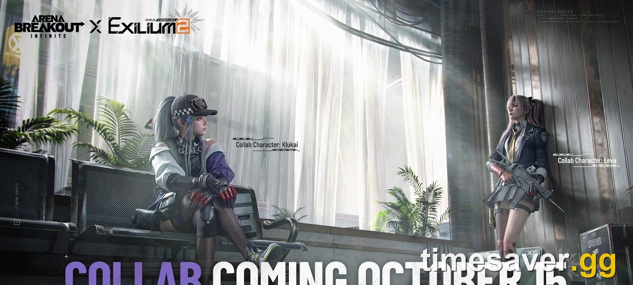 Arena Breakout: Infinite x Girls' Frontline 2: Exilium collab banner showing collab characters Klukai and Leva with an October 15 launch date