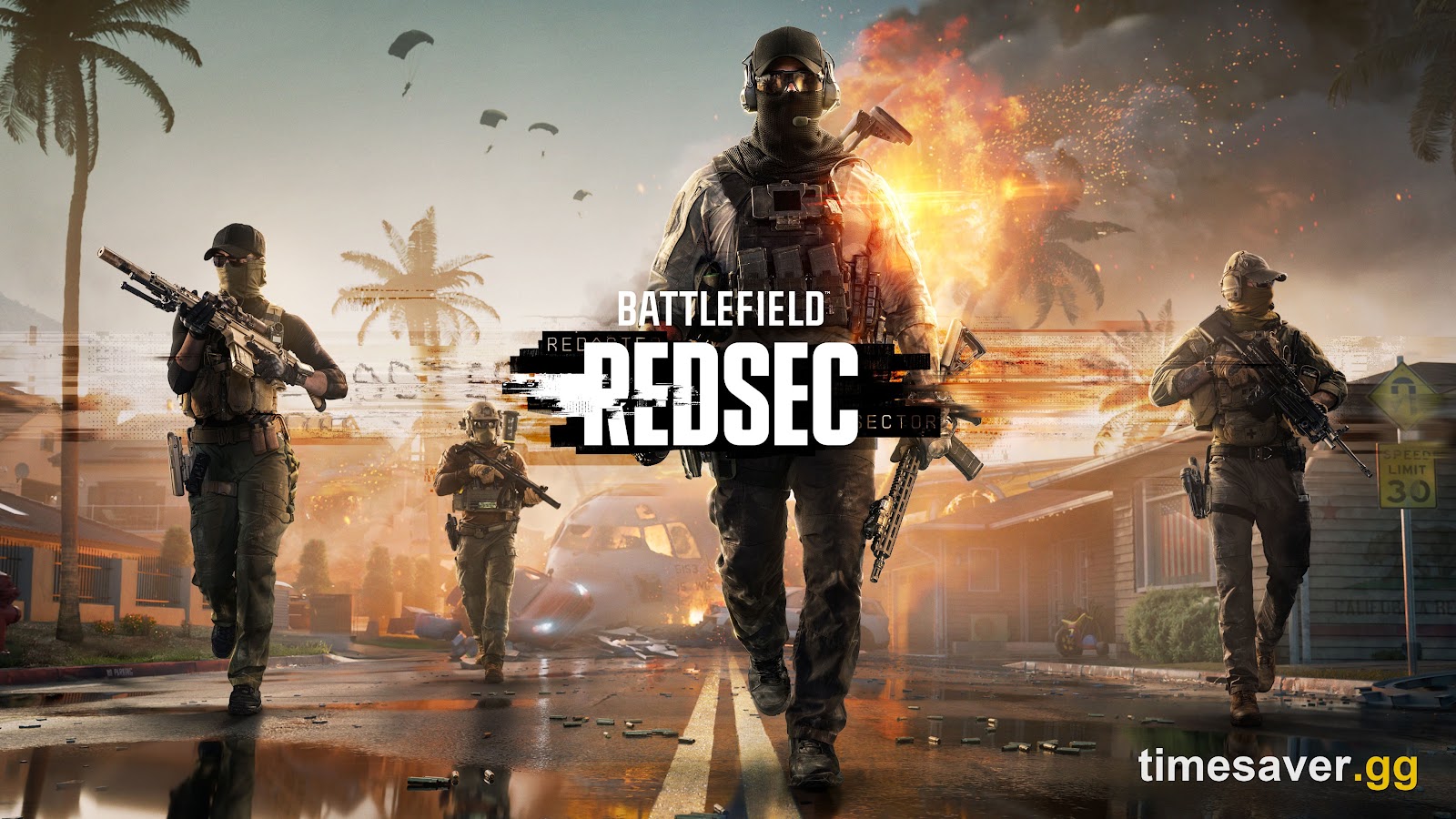 Battlefield REDSEC key art with five masked soldiers advancing down a palm-lined street past a burning helicopter wreck