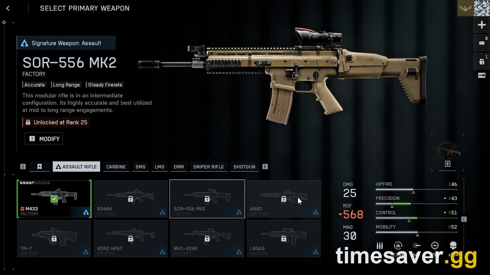 Battlefield 6 SELECT PRIMARY WEAPON screen showing the SOR-556 MK2 assault rifle unlocked at Career Rank 25