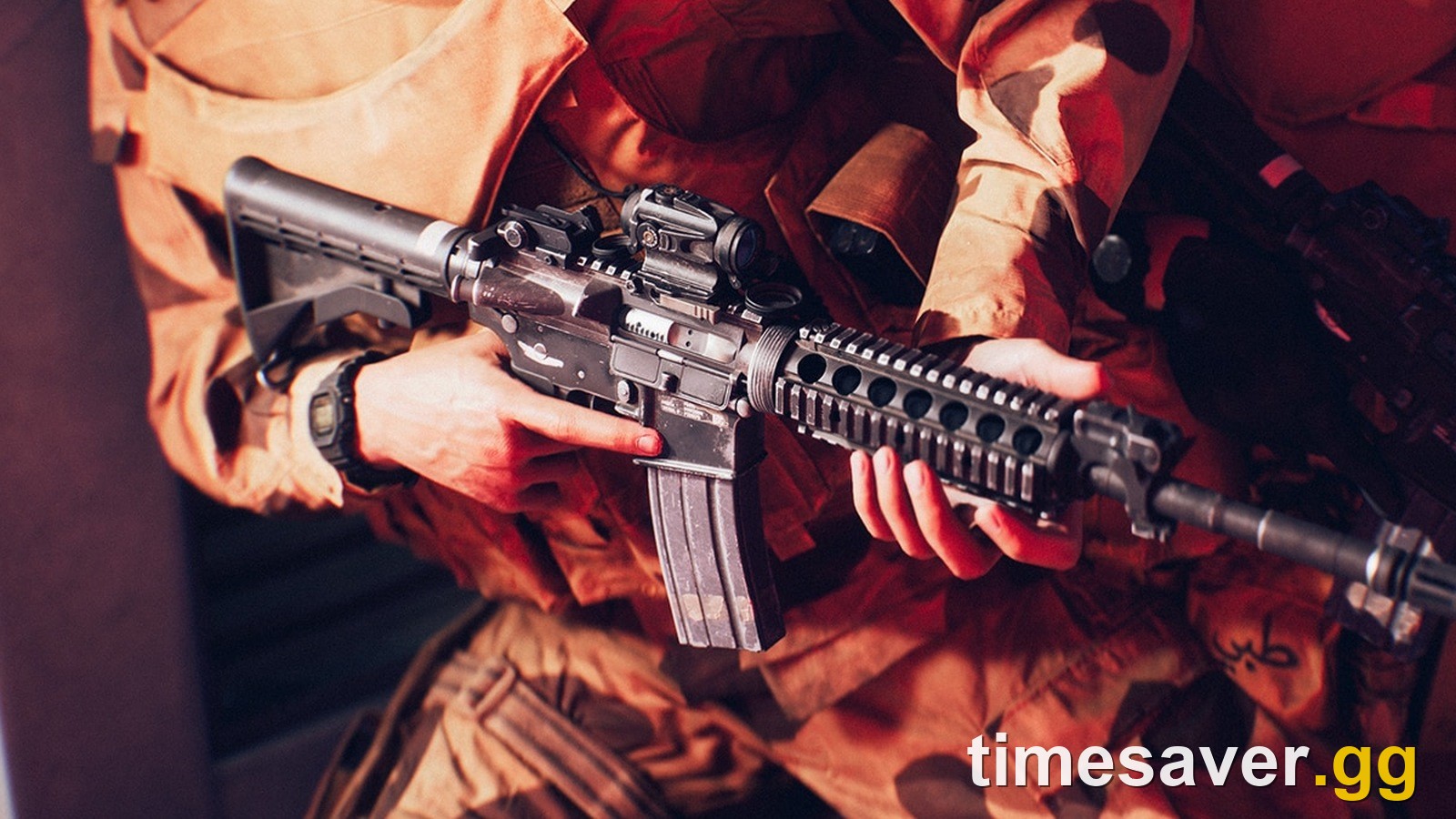 Close-up of a Battlefield 6 M4A1 fitted with a red dot optic, rail handguard and suppressor
