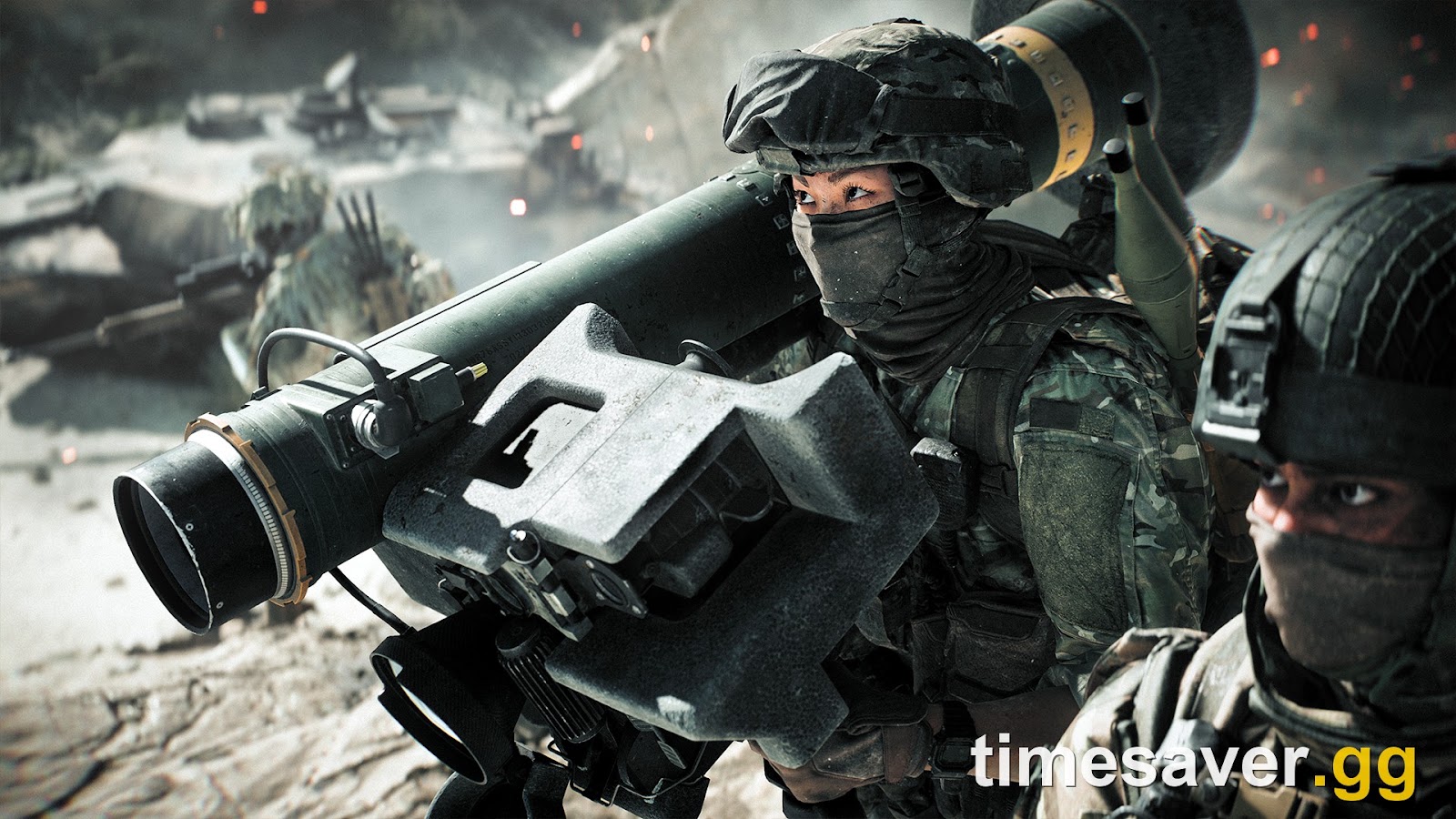 Two Battlefield 6 soldiers advancing through smoke, the foreground soldier shouldering a rocket launcher with armoured vehicles burning behind them