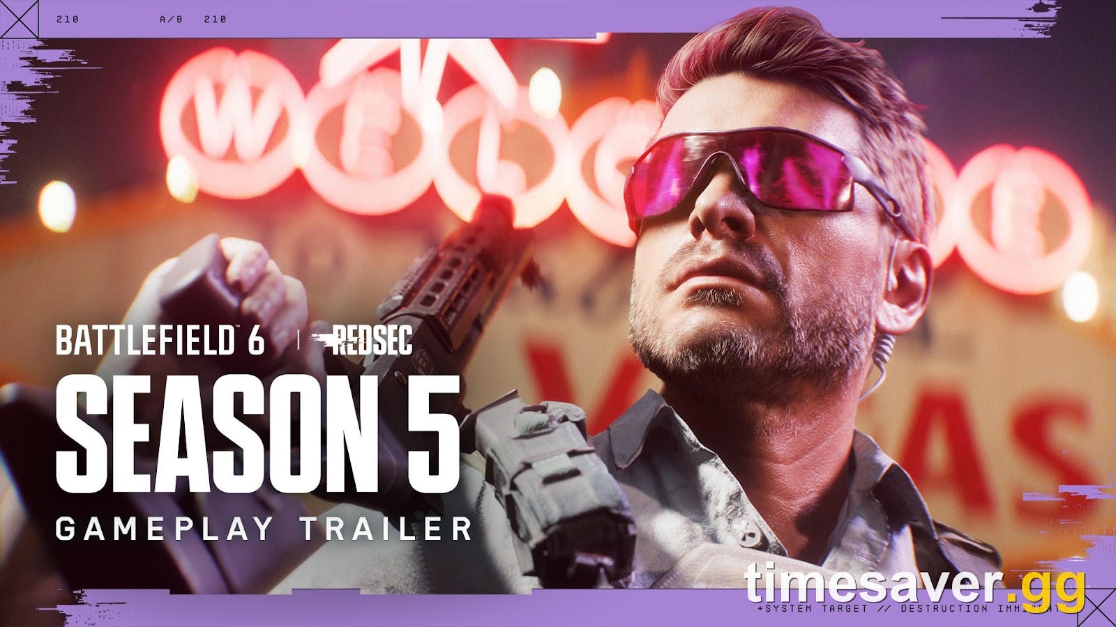 Battlefield 6 Season 5 gameplay trailer artwork showing a soldier in mirrored magenta tactical glasses against red and pink Las Vegas casino neon, with a Battlefield 6 REDSEC Season 5 lockup