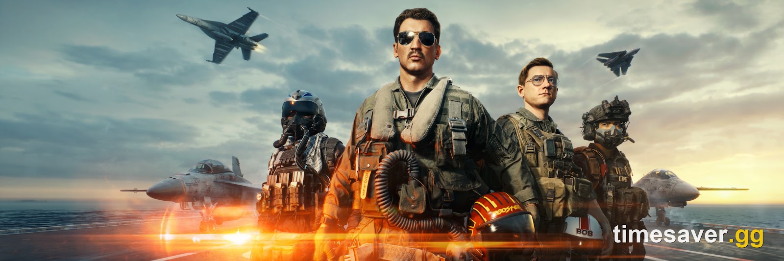Battlefield 6 Top Gun carrier flight deck with parked fighter jets and two aircraft flying overhead