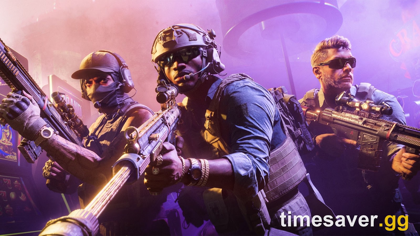 Three Battlefield 6 Season 5 operators aiming rifles inside a neon-lit Las Vegas casino, from EA's Season 5 Battle Pass art