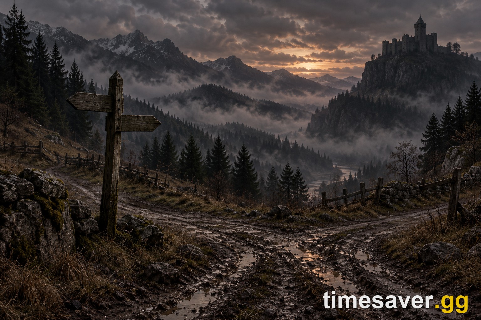 Misty mountain crossroads with a weathered signpost at dusk in a dark fantasy world