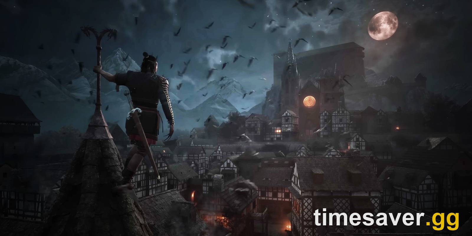 The Blood of Dawnwalker setting — protagonist Coen stands on a rooftop overlooking the night town of Vale Sangora, bats swirling over half-timbered houses and a Gothic cathedral beneath a blood-tinged full moon and snow-capped Carpathian peaks