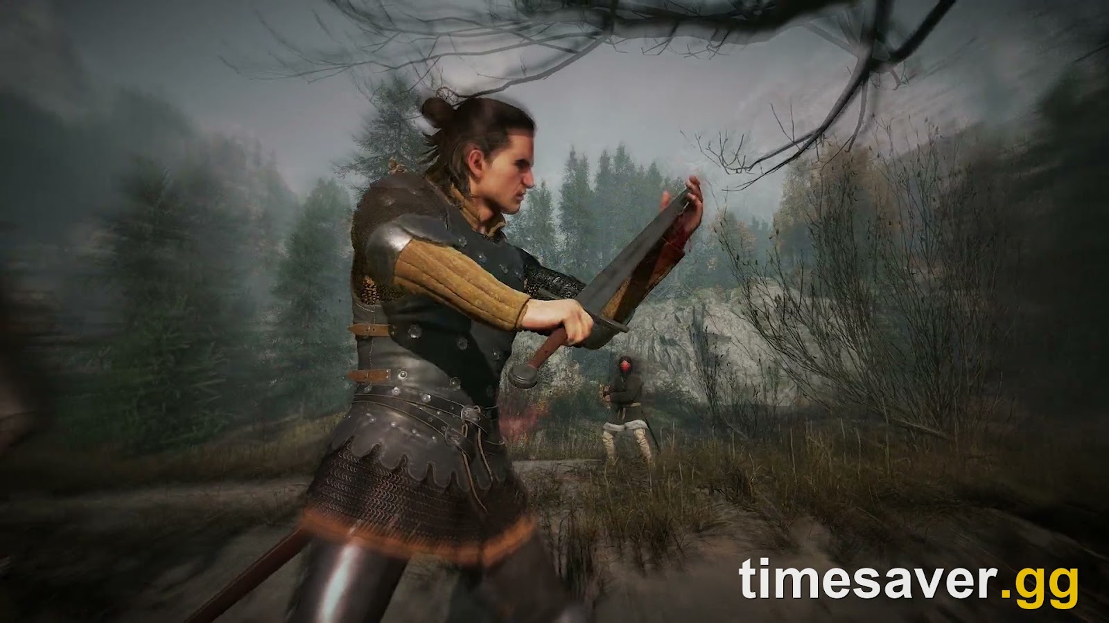 Coen swinging a greatsword in a Carpathian forest in The Blood of Dawnwalker (official trailer still)