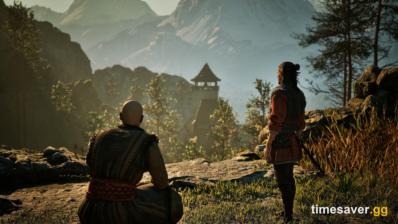 The Blood of Dawnwalker — two characters look out over Vale Sangora and the Carpathian mountains in daylight (official Rebel Wolves gameplay)