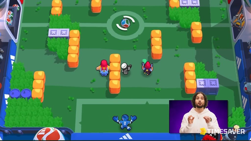 Brawl Stars Brawl Ball game mode gameplay in the June 2026 adidas football season, brawlers fighting around the ball