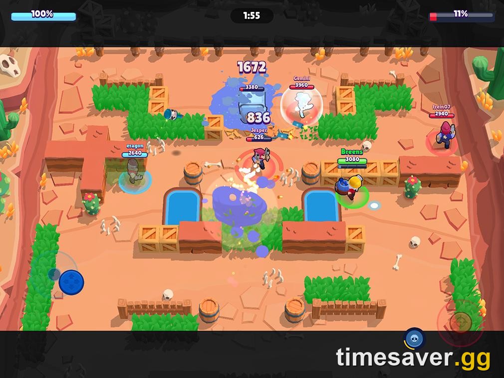Brawl Stars Heist mode showing a 3v3 team pushing the enemy safe with damage numbers popping off in September 2026