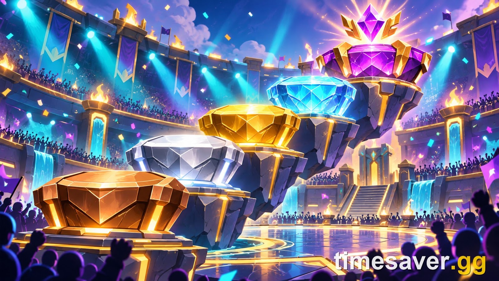 Brawl Stars best Brawlers for Ranked October 2026 hero image, glowing ascending ranked-tier podium steps from Bronze to Pro in a bright mobile-arena art style