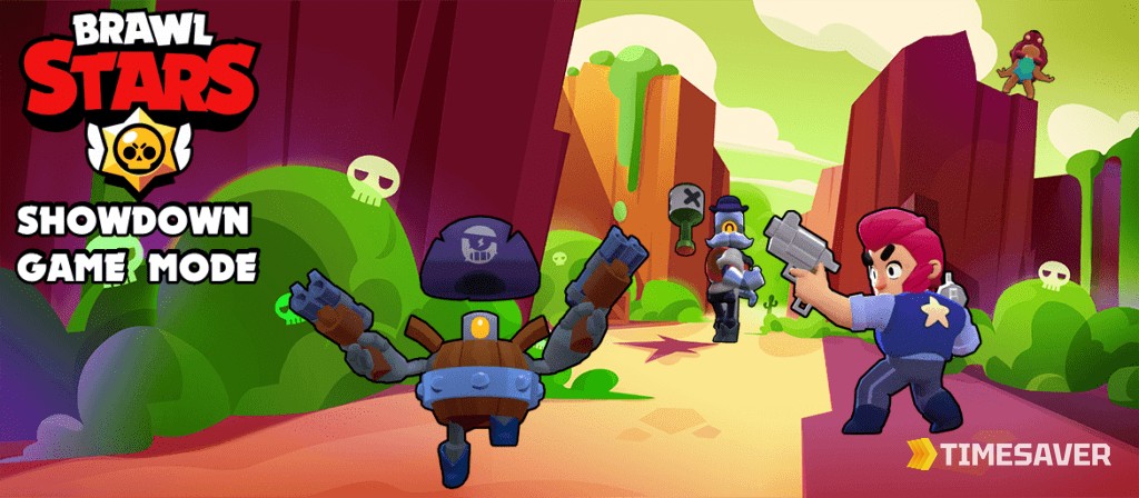 Brawl Stars Showdown game mode key art showing Tick, a sniper, and Colt fighting across a canyon battle-royale map