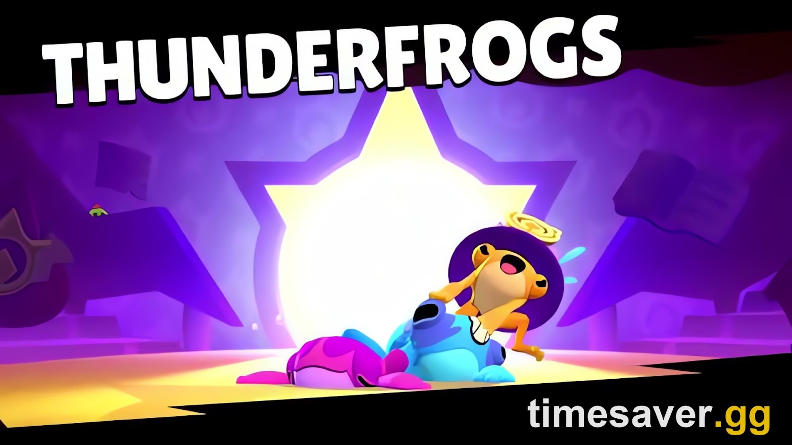 Thunderfrogs title card from the October 2026 Brawl Talk with three frogs in a heap on a spotlit stage