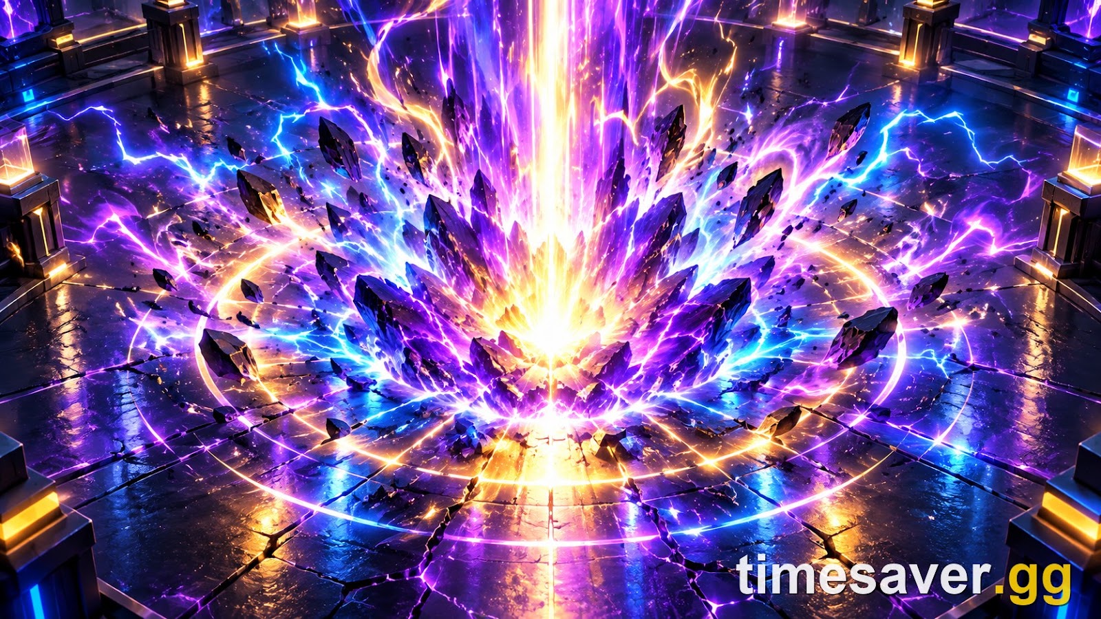 Crackling violet-and-gold Brawl Stars Hypercharge energy aura surging across a dark neon arena floor