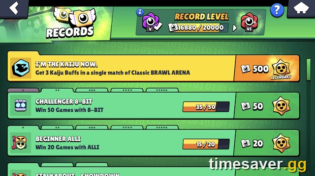 Brawl Stars Records screen showing per-brawler win milestones — Beginner, Challenger and higher tiers — with progress bars and Starr Drop rewards, the system that replaced Mastery in 2026