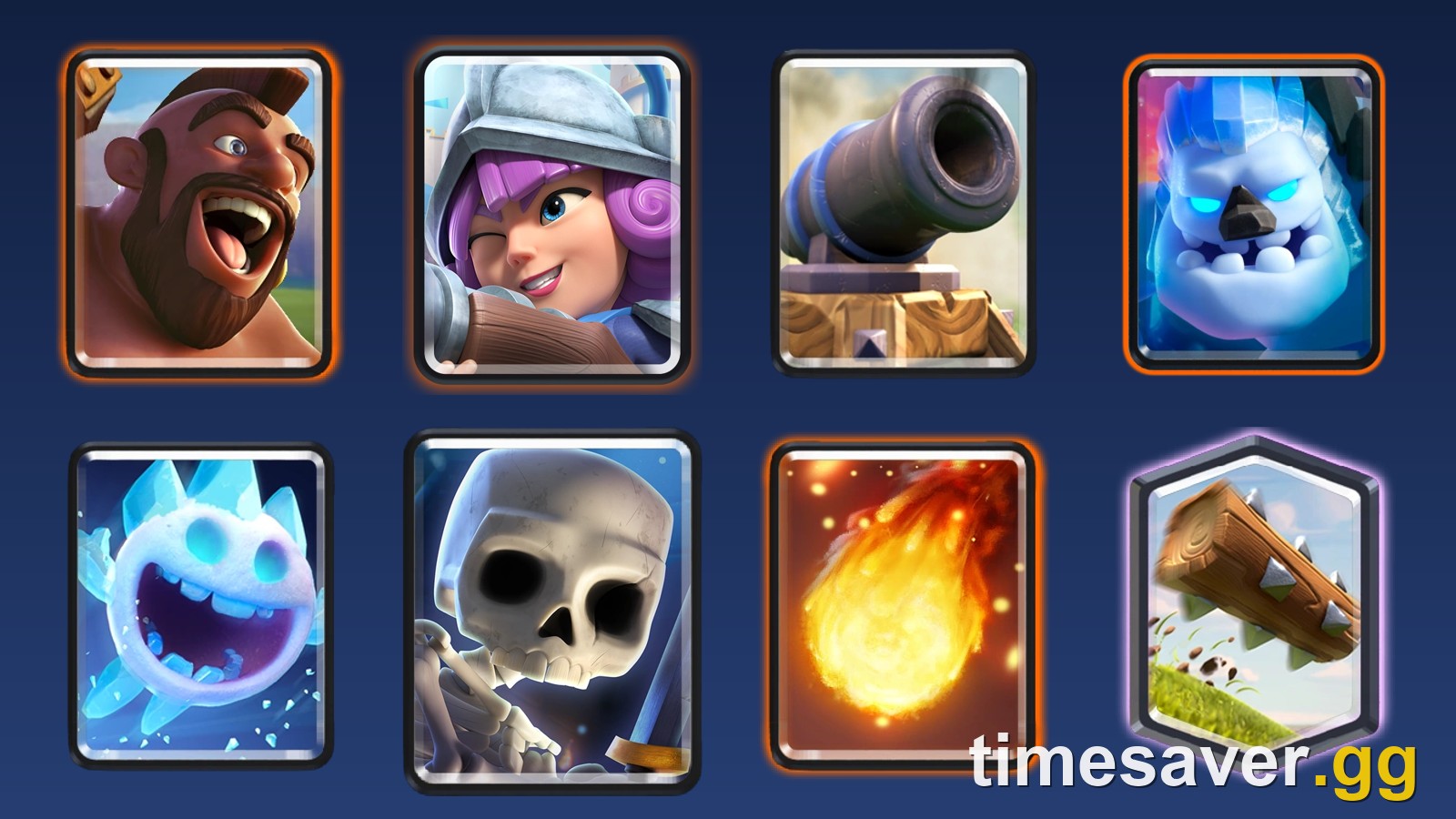 The eight cards of the Clash Royale 2.6 Hog Cycle deck: Hog Rider, Musketeer, Cannon, Ice Golem, Ice Spirit, Skeletons, Fireball and The Log