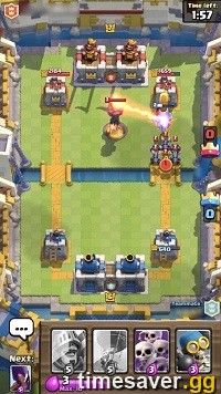 Clash Royale 2v2 battle in progress with paired King Towers and a stacked push at the bridge