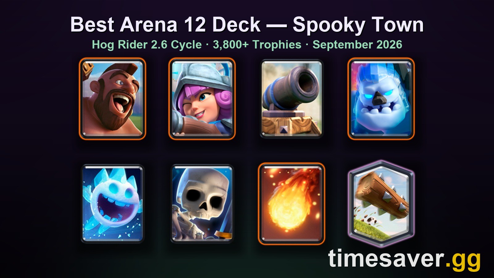 Clash Royale Arena 12 deck card grid on the Spooky Town background at 3,800 trophies