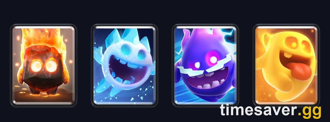 The four Clash Royale Spirit cards — Fire, Ice, Electro and Heal Spirit — nerfed in the August 2026 balance changes