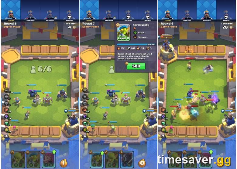 Clash Royale Merge Tactics Season 11 gameplay showing the deploy phase, board, and shop