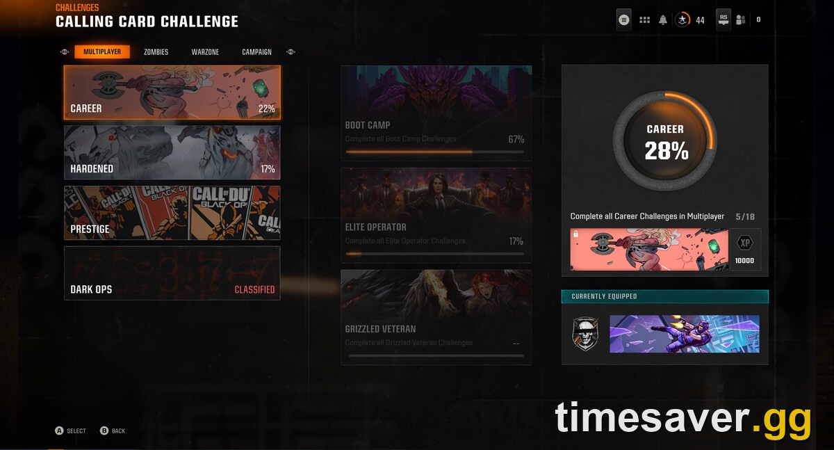 Black Ops 6 Calling Card Challenge menu showing Prestige and Dark Ops categories