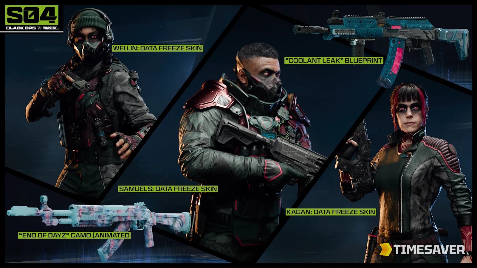 Black Ops 7 Operation King Killer Season 4 Reloaded rewards — the three Data Freeze Operator skins (Wei Lin, Samuels, Kagan), the End of Dayz animated camo, and the Coolant Leak blueprint