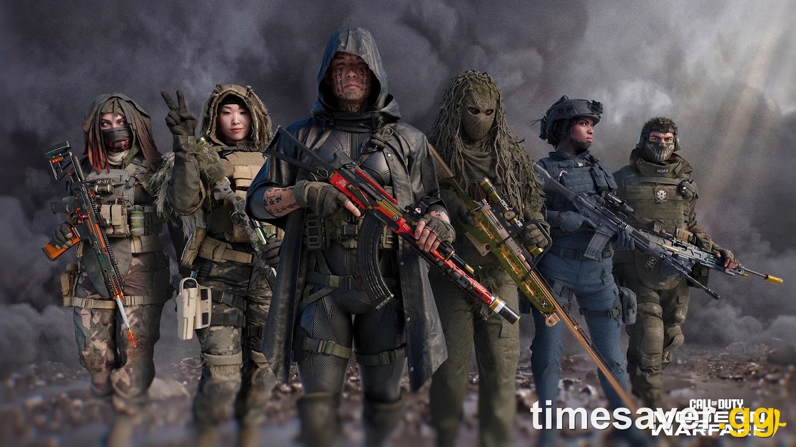 Official Modern Warfare 4 Season 1 Battle Pass key art showing six Operators in the new Season 1 skins holding Battle Pass weapon blueprints