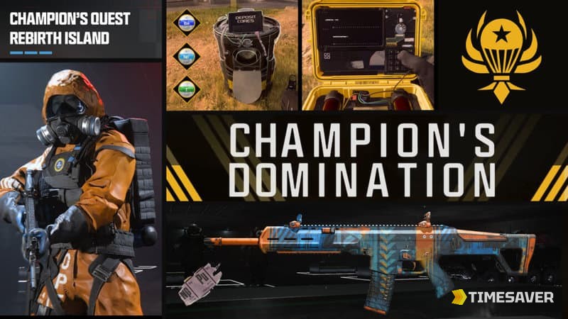 Warzone Champion's Quest overview in Season 4 Reloaded — the Contract briefcase, the Deposit Cores objective, and the Champion's Quest parachute emblem