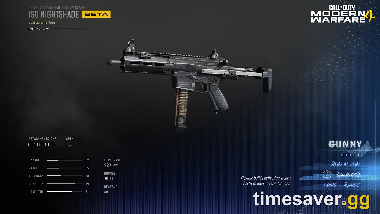 Official MW4 beta Gunsmith screen showing the ISO Nightshade SMG and Apex attachment slots