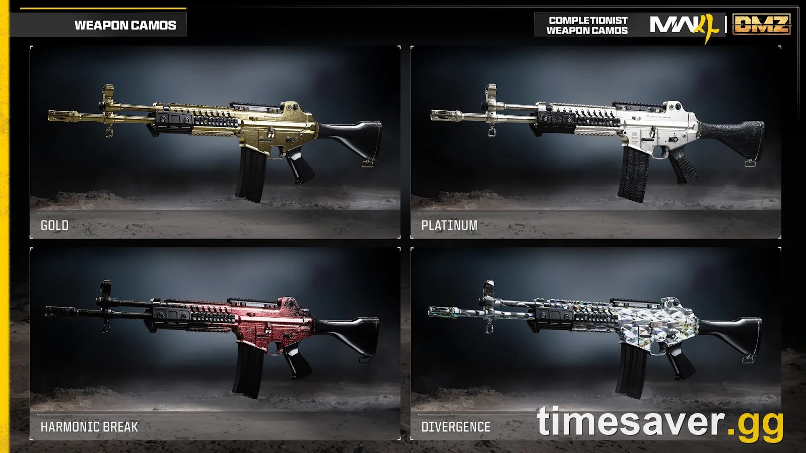 Official Modern Warfare 4 Completionist weapon camos Gold, Platinum, Harmonic Break and Divergence shown on the Han 86 assault rifle