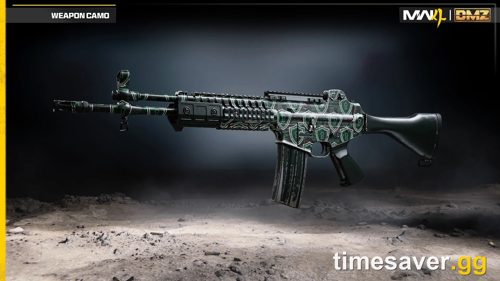 Official render of the free Locked Down weapon camo in Modern Warfare 4: green keyhole shield pattern on a black assault rifle