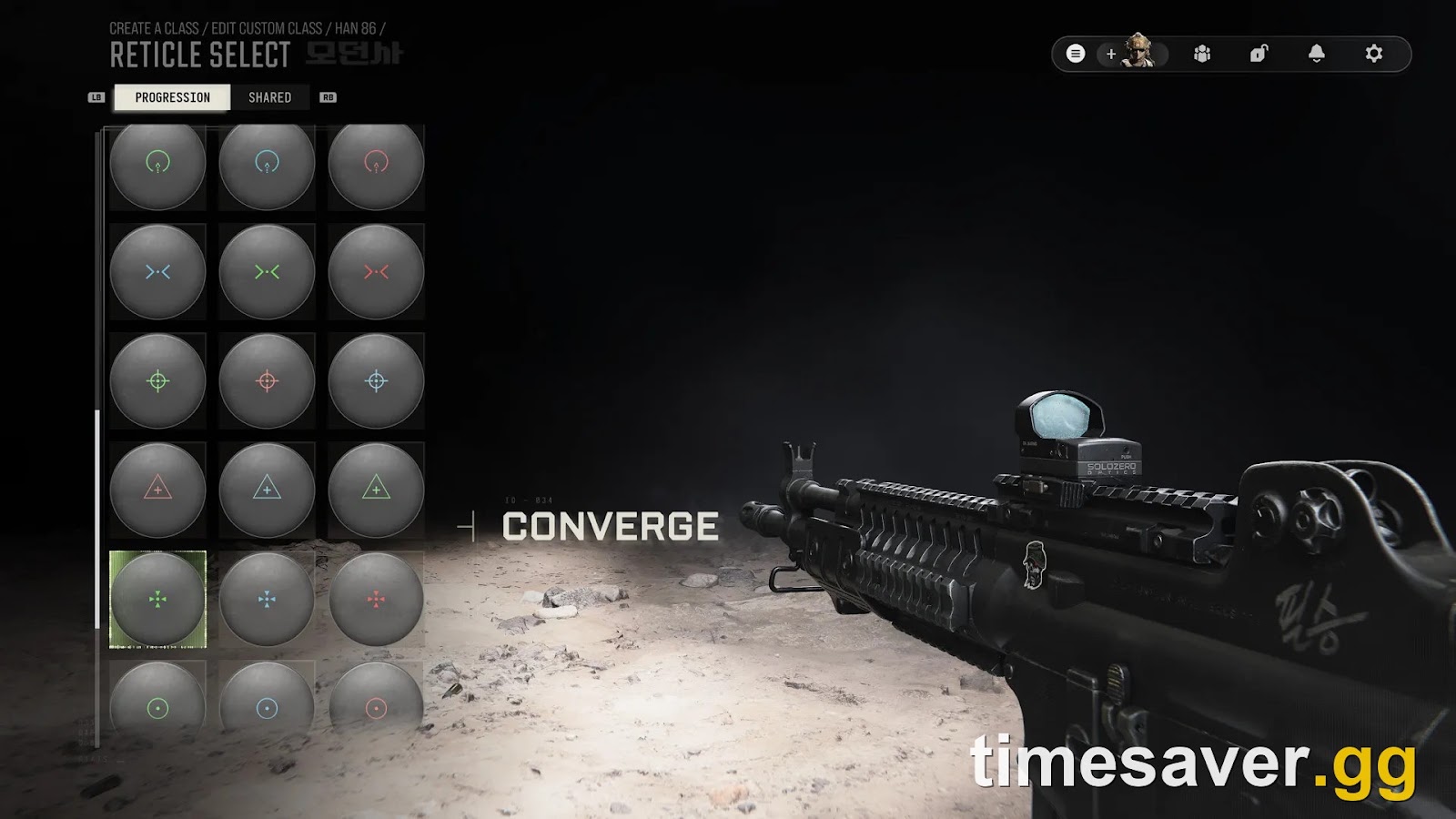 Official Modern Warfare 4 Gunsmith screenshot of the Han 86 assault rifle in the Reticle Select menu