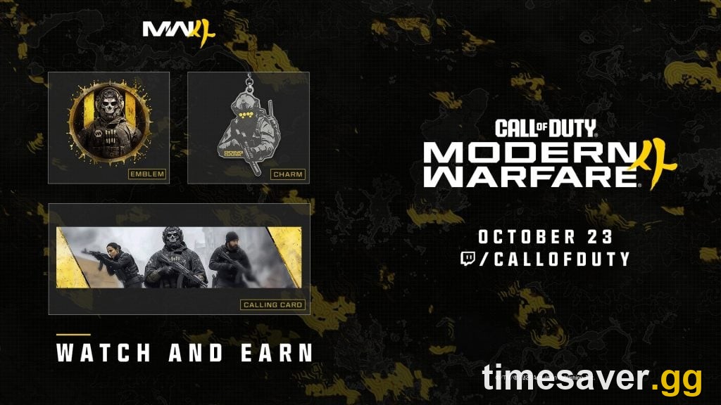 Official Modern Warfare 4 Watch and Earn Twitch Drops graphic showing the launch emblem, charm and calling card