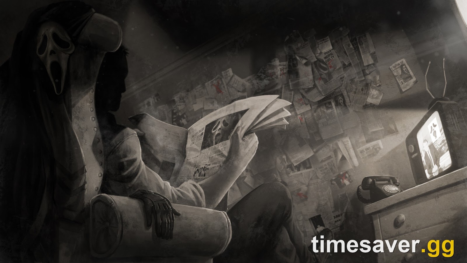 Dead by Daylight Ghost Face lore art of Danny Johnson reading a newspaper in front of a wall of clippings, with the Ghost Face mask beside him