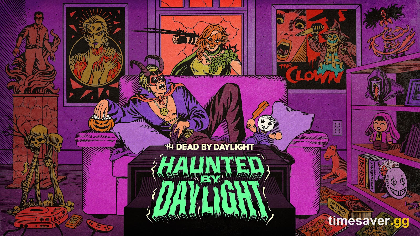 Official Haunted by Daylight key art showing a costumed figure lounging in a purple horror-comic living room surrounded by Dead by Daylight killer posters