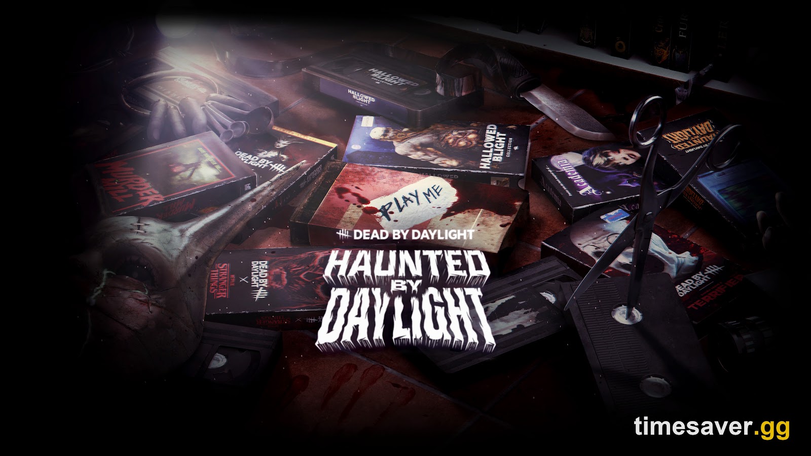 Official Haunted by Daylight 2026 key art showing a pile of blood-stained Dead by Daylight VHS tapes on a dark table with scissors and a Play Me sticker