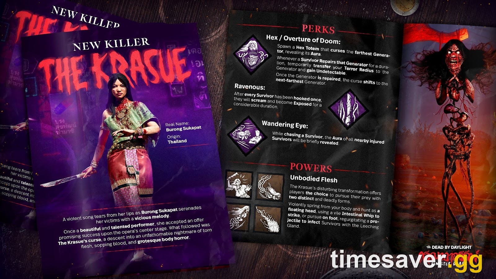 Official Dead by Daylight Sinister Grace promotional art showing The Krasue in human form as Burong Sukapat, her floating head form, and her three perks Hex Overture of Doom, Ravenous and Wandering Eye