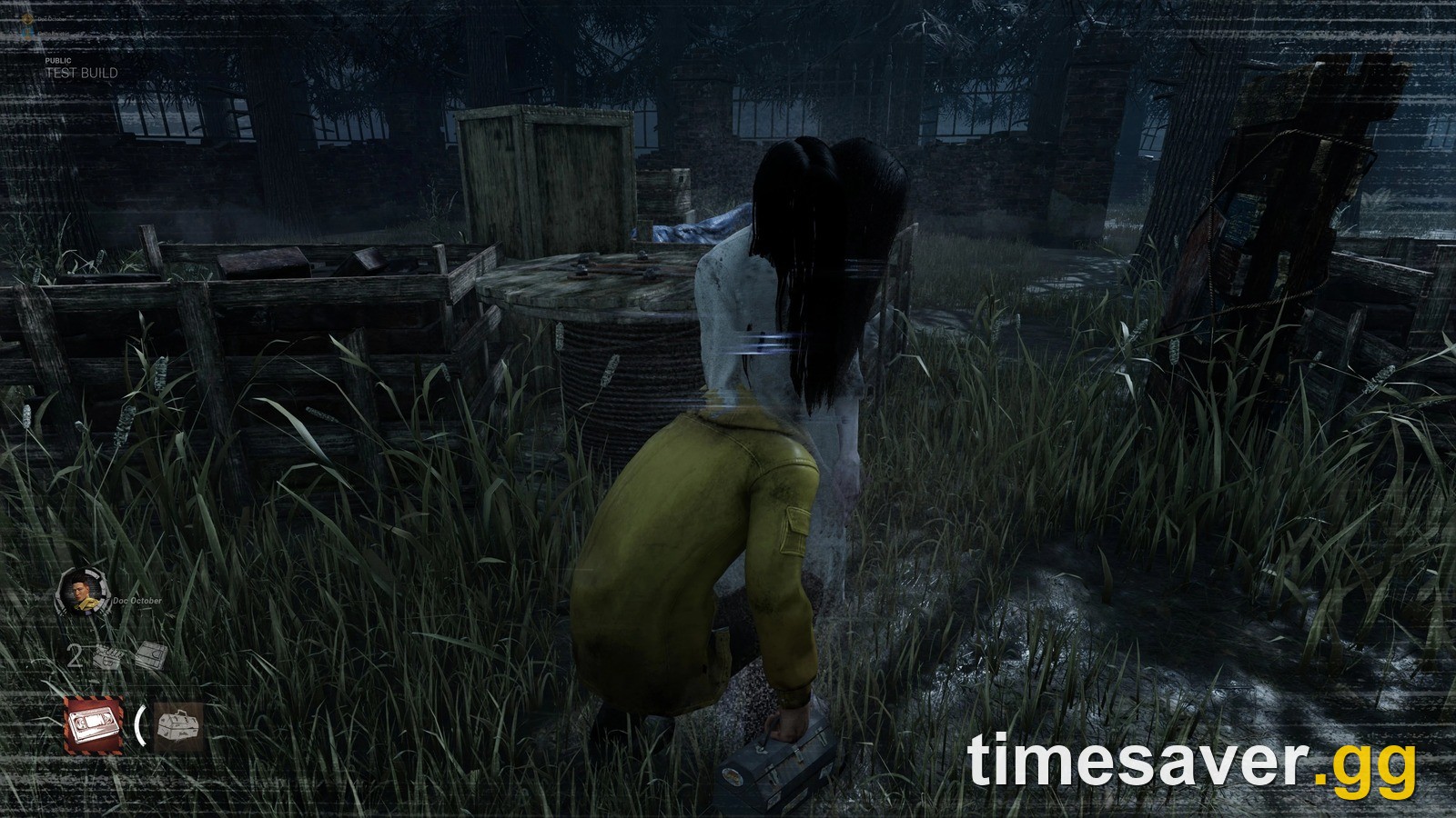 The Onryo flickering into visibility directly behind a Dead by Daylight Survivor who is crouched in tall grass carrying a cursed VHS tape
