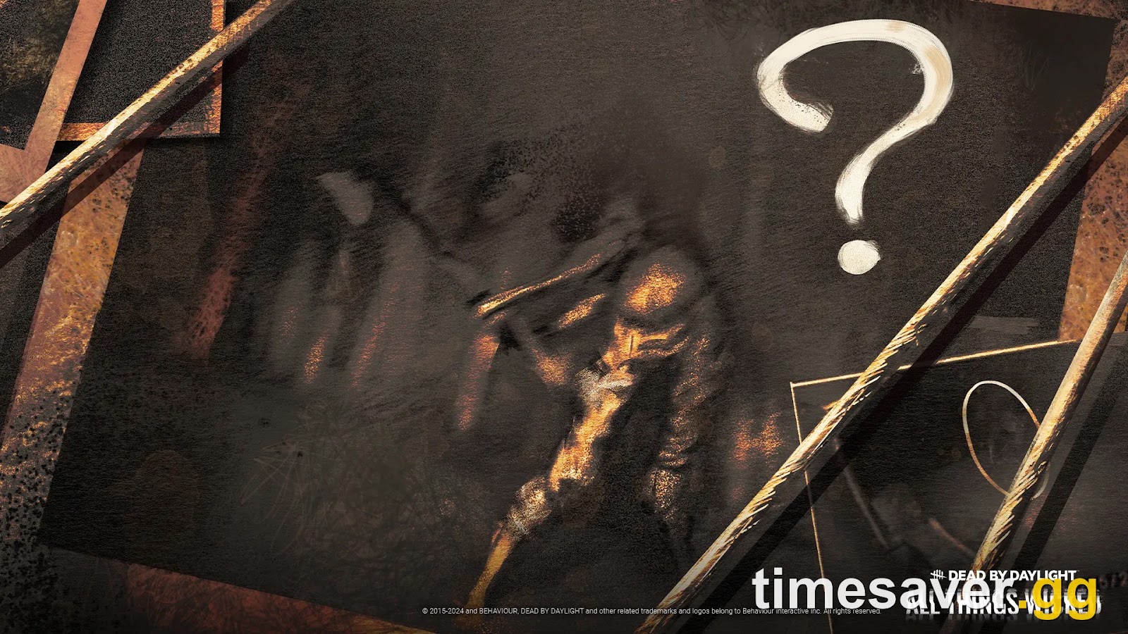 Official Dead by Daylight All Things Wicked key art showing a shrouded figure in scattered sketches